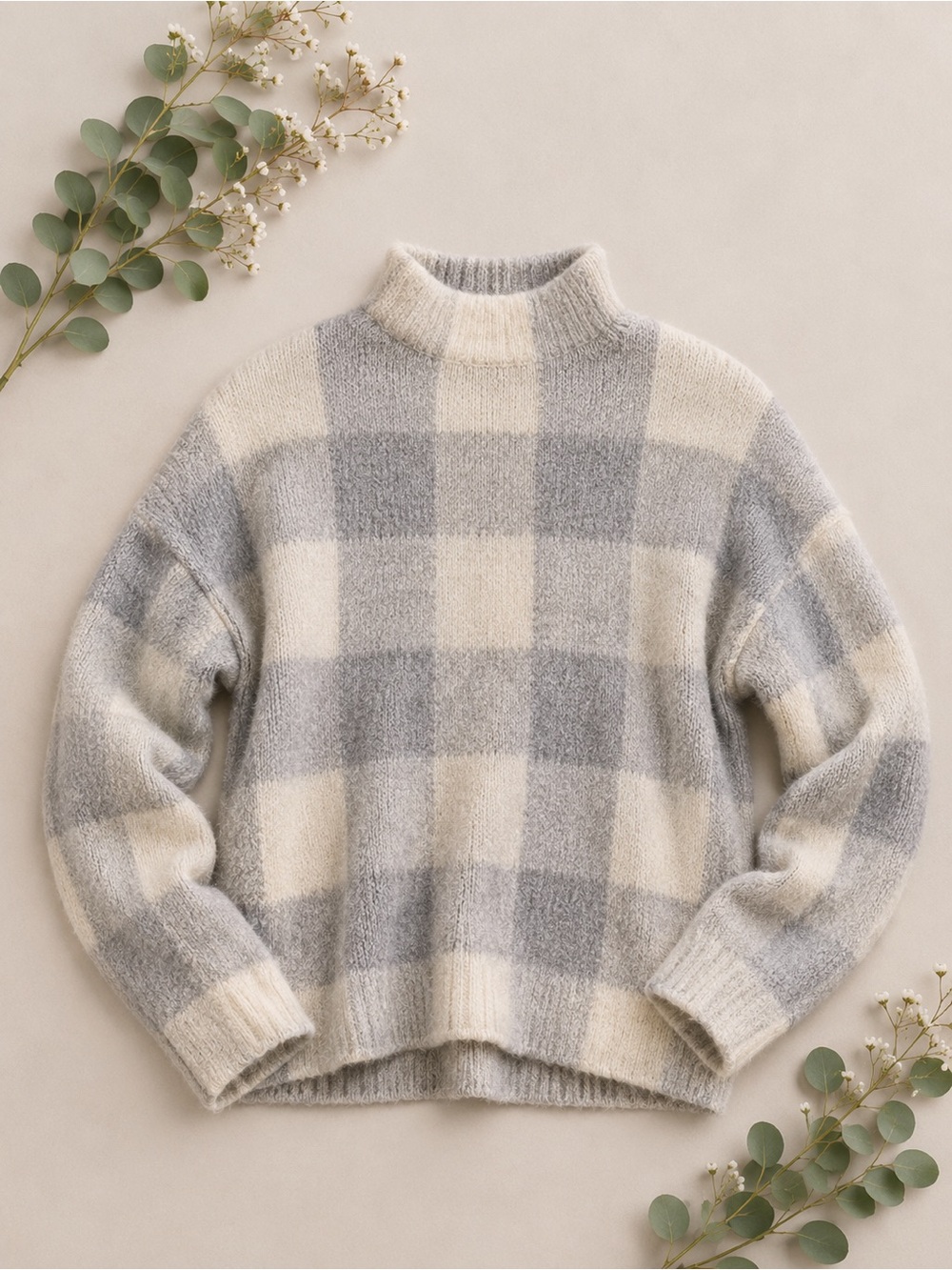 Christian Siriano Plaid Sweater | Purple Gray Cream Knit | Cozy Chic